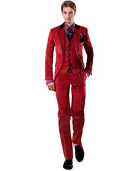 Men's Red Velvet Three Pieces Suit Tuxedos Single Breasted Jacket Vest Pants Wedding Prom Banquet Busienss Tuxedos