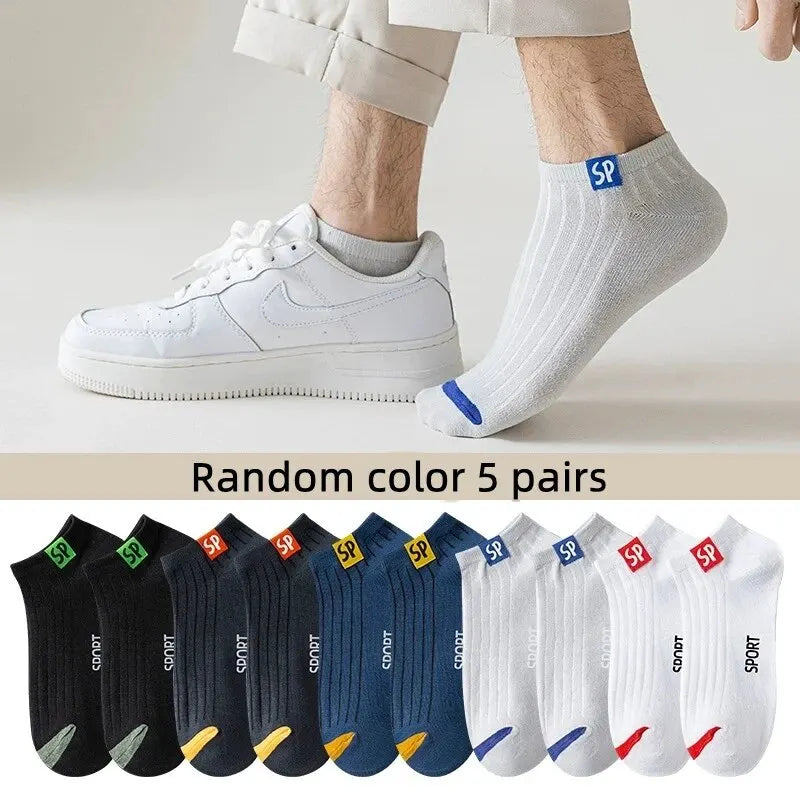 Men's striped cotton sports ankle socks with breathable, sweat-absorbing fabric in 3, 5, or 10 pairs for comfortable active wear.