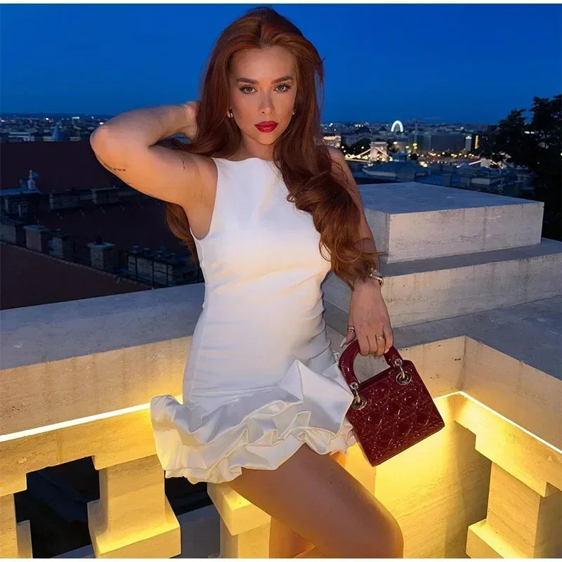Red ruffled hem mini dress for women, sleeveless backless evening gown with elegant O-neck design, perfect for parties and club events.