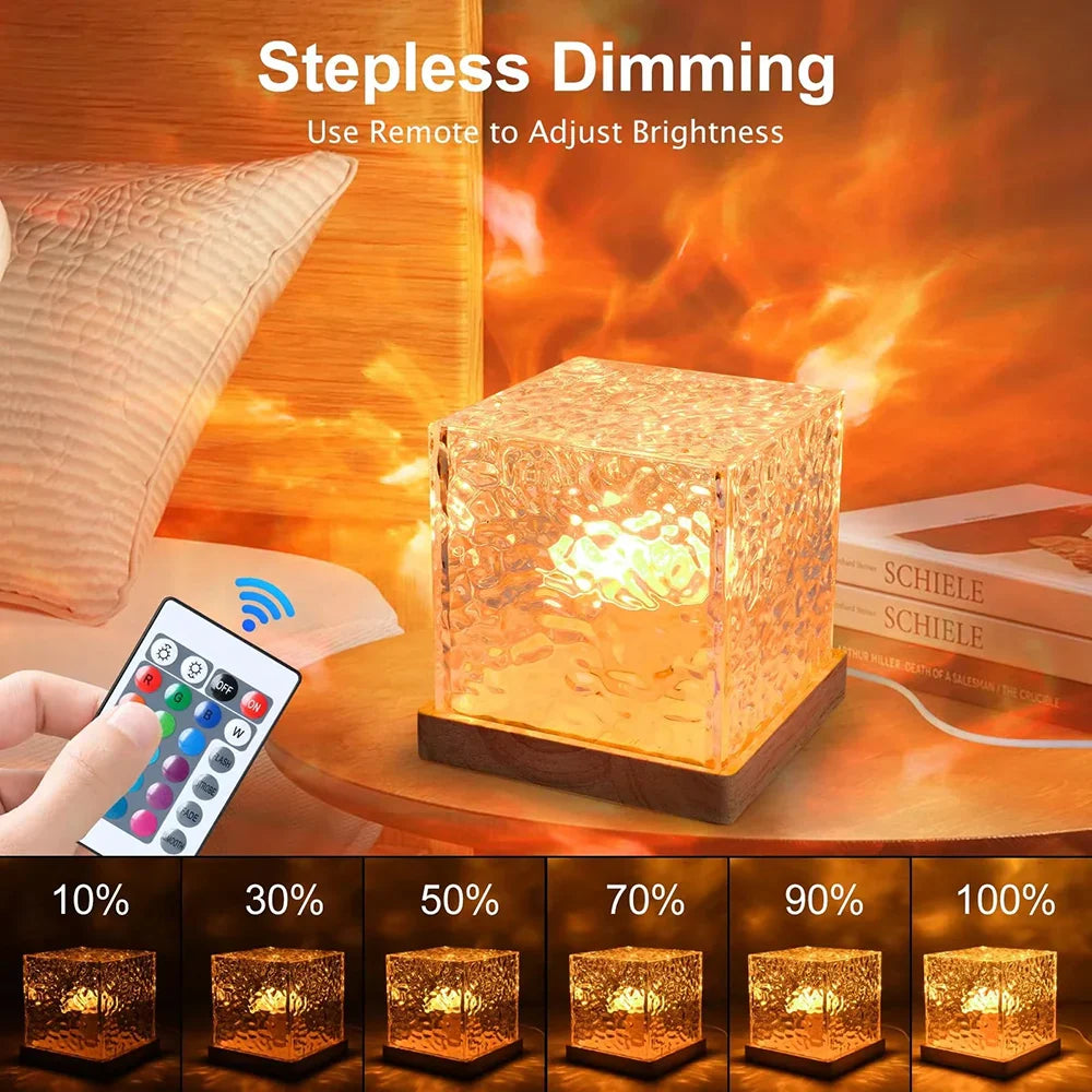 7Flowers RGB Aurora Projector projecting colorful water wave patterns as a crystal night light in a dark room.