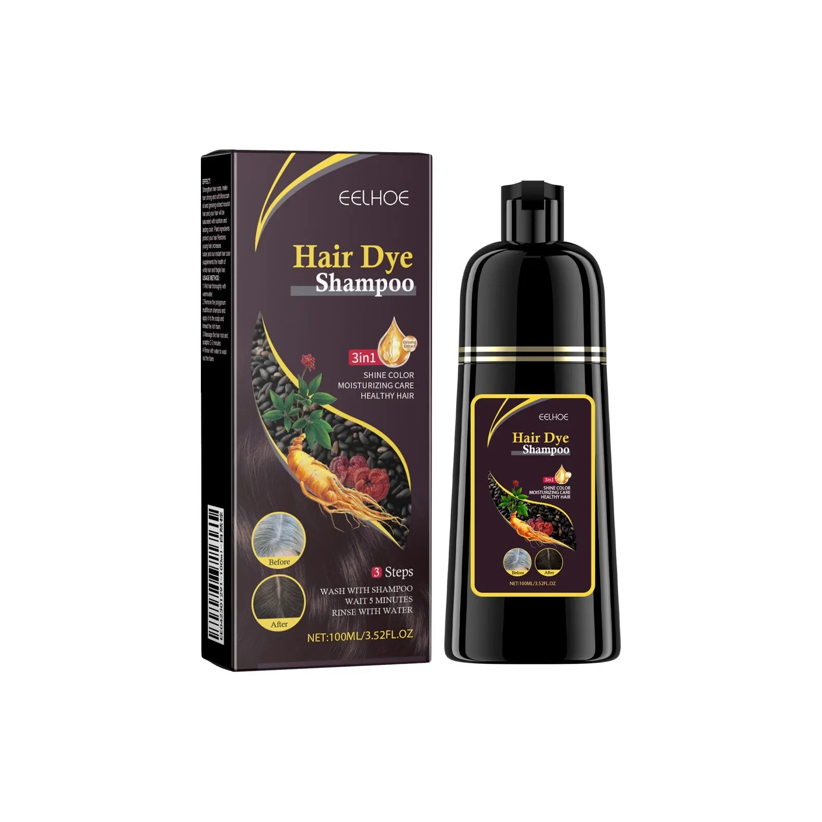 EELHOE 3-in-1 black hair dye shampoo with natural herbal formula for grey hair coverage, shown in a sleek bottle.