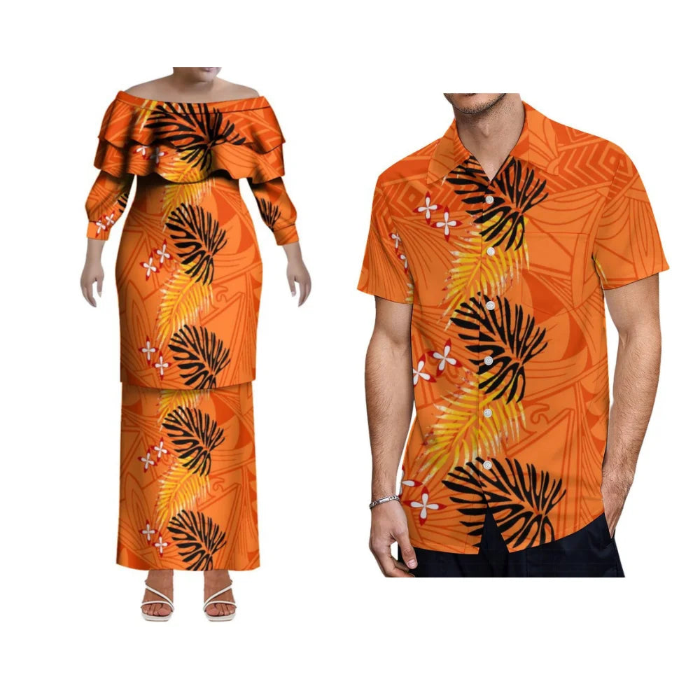 Polynesian Samoa Hawaii slim women’s ruffle collar fishtail dress, soft fabric, summer evening garden party attire.