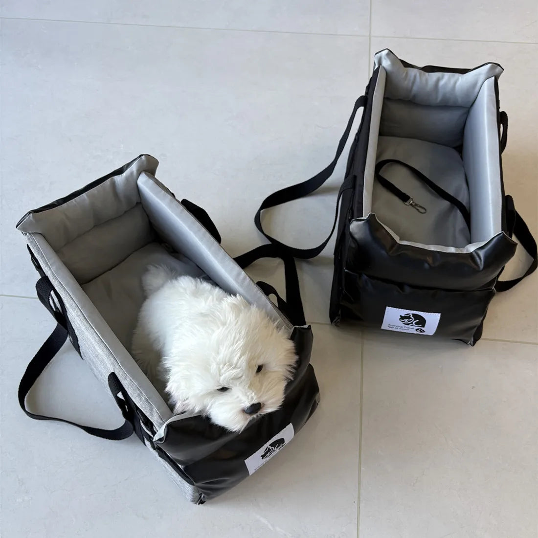 Showlu Fashion leather pet car seat, portable small dog travel bed with padded interior for comfort and safety during car rides.