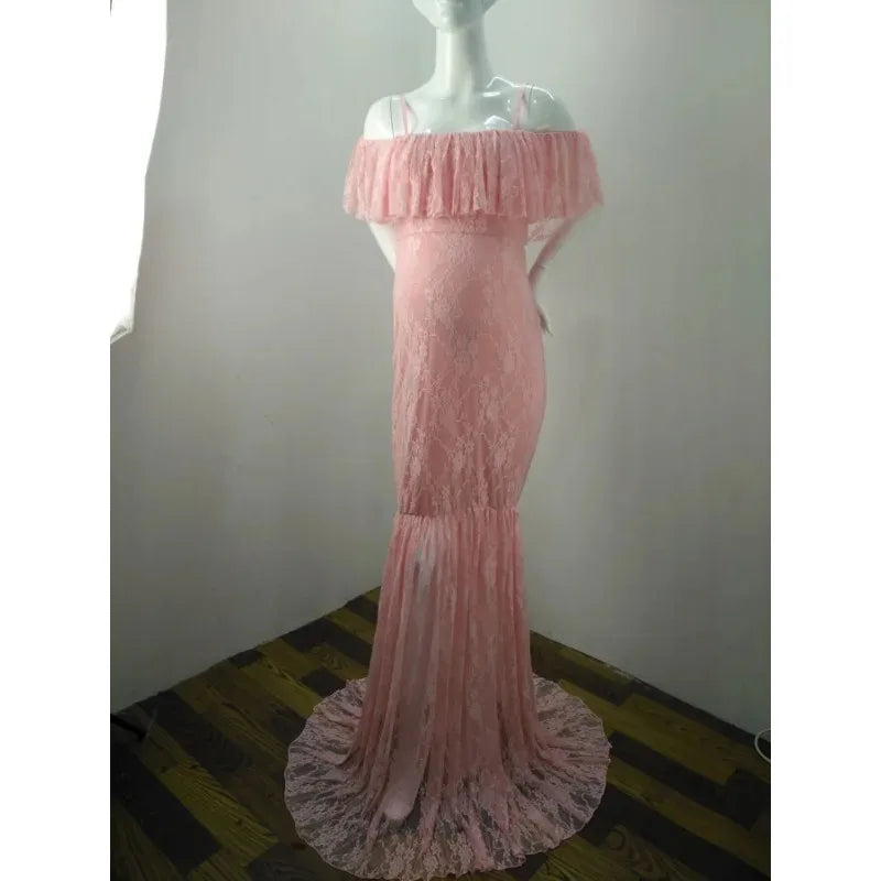 Elegant SHOWLU Maternity lace flysleeve chiffon dress for photo shoots, featuring delicate lace details and flowing fabric.