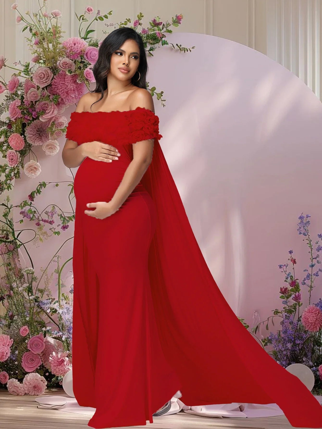 Floral off shoulder maternity gown with mesh cloak, maxi dress for photoshoot by SHOWLU FASHION STORE, showcases elegant floral design.