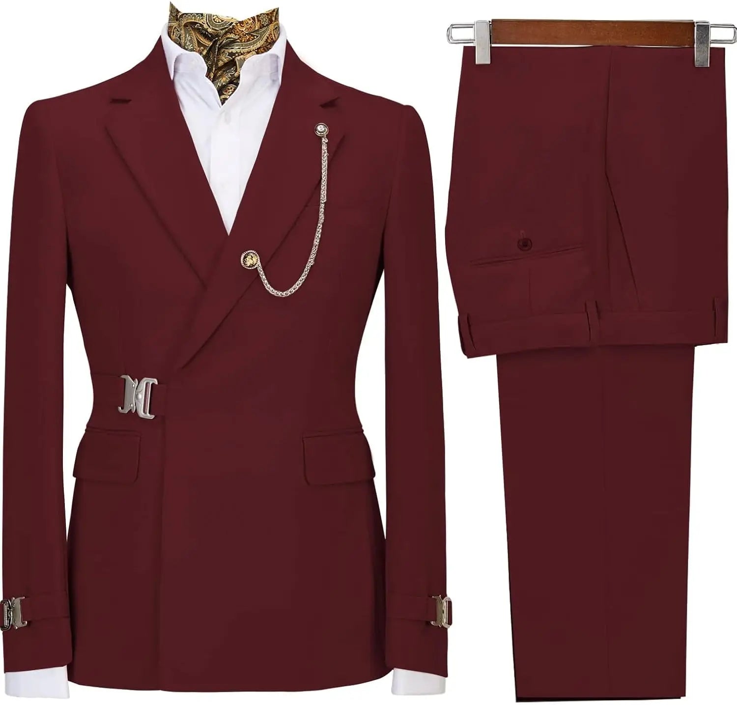 Men's slim fit 2-piece suit with metal clasp, stylish business casual tuxedo, shown in a modern, tailored fit with a sleek appearance.