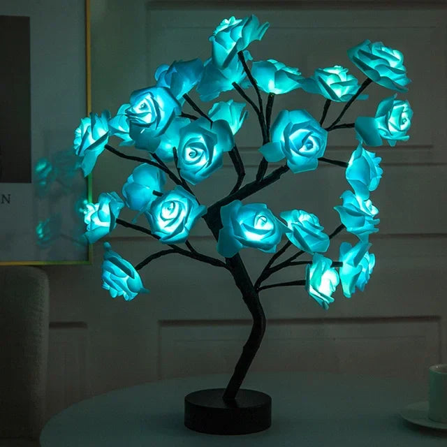 Heinast LED Rose Flower Tree Table Lamp with USB, warm white night light, decorative floral design for cozy bedroom or living space