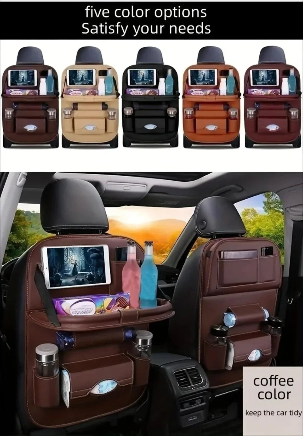 Showlu Smart General car seat organizer with tray, featuring multiple compartments for storing essentials during travel.