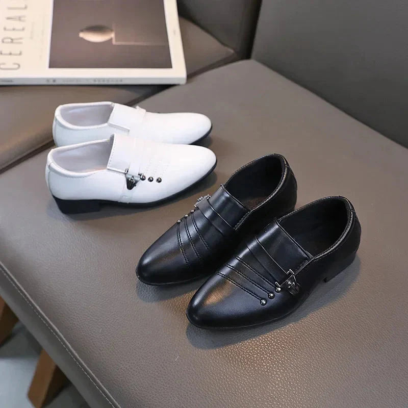Showlu boys leather loafers in black, formal wedding and school party shoes with sleek design and classic style.