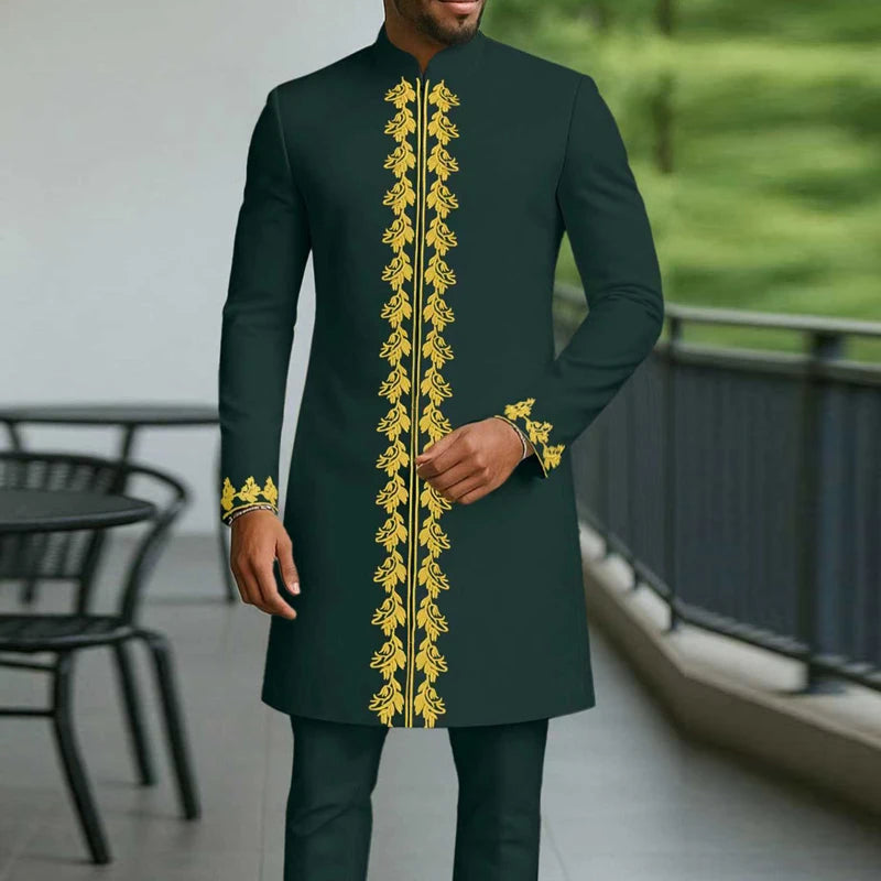 Showlu men's African cotton-blend kaftan set, two-piece wedding suit with intricate embroidery and traditional design.