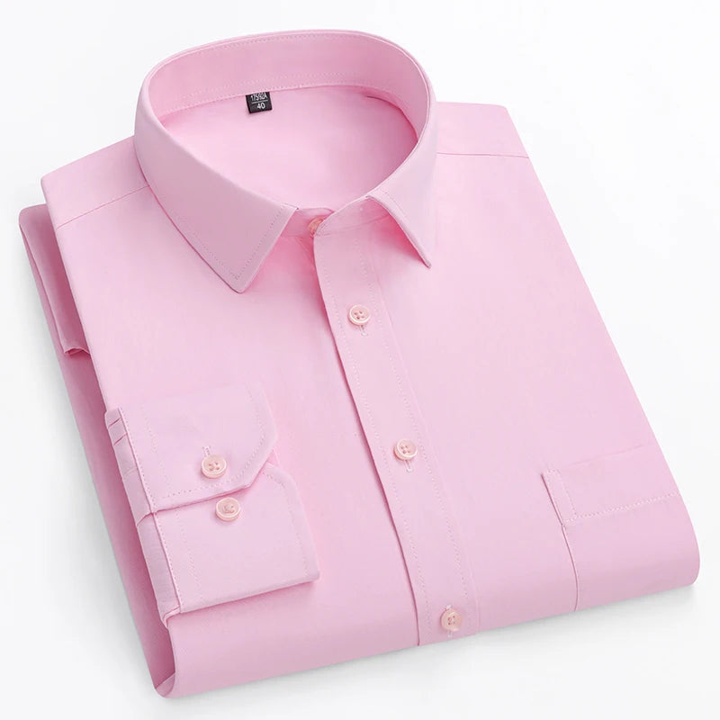 Full men's plus size slim fit formal shirt with double collar, long sleeves, solid color, suitable for office and business wear.