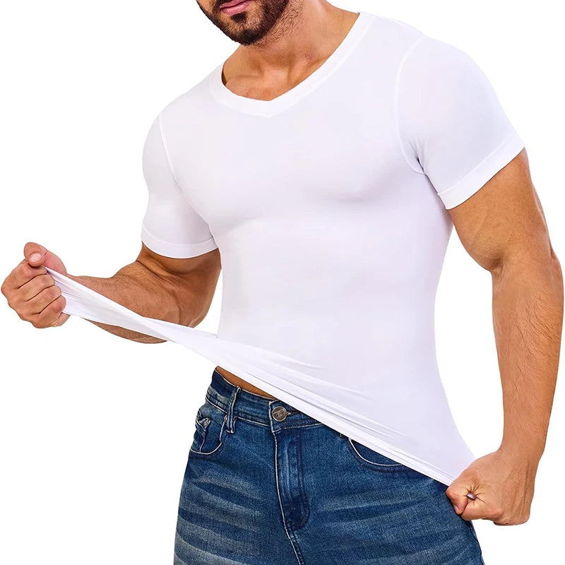 Men Body Shaper V-Neck Compression Shirts Short Sleeved Slimming Undershirt Workout Abs Abdomen Tummy Control Shapewear Tops