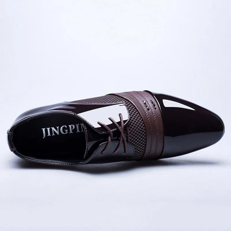 Suoj Men's pointed toe leather dress shoes with classic lace-up design, formal flats for stylish, professional attire.
