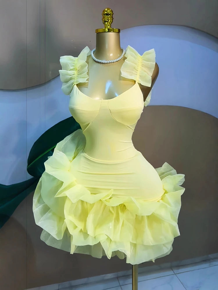 Showlu Smart General luxury ruffled U-neck mini dress with elegant detailing, perfect for chic, sexy evening wear.