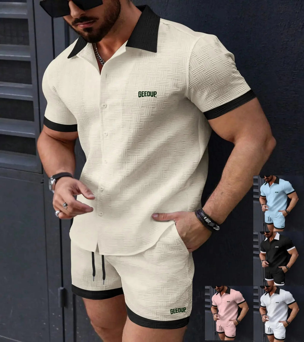 Boilen Heng Xin men's casual two-piece summer beach suit in polyester with blue and white print, suitable for beachwear and leisure.