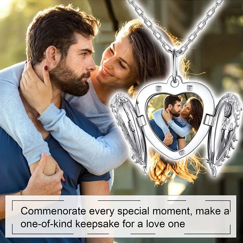 Showlu personalized photo angel wing locket necklace made of zinc alloy, featuring a detailed angel wing design and space for a photo.