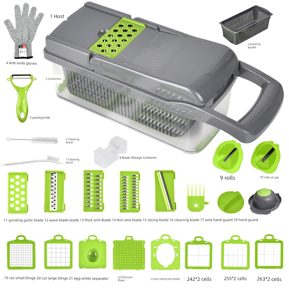 Showlu multi-functional vegetable cutter with various blades for dicing and slicing, shown with vegetables and accessories.