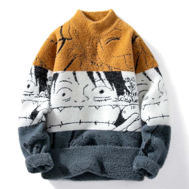 Men's Mink Plush Thickened Round Neck Sweater with patchwork print, long sleeves, and cozy knit design for autumn and winter.