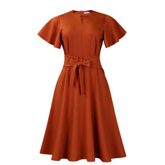 2025 Summer Fashion Solid Color Tie Waist Short Sleeve Dress Formal Midi Dress Going Out Outfits Elegant Women Clothing Style