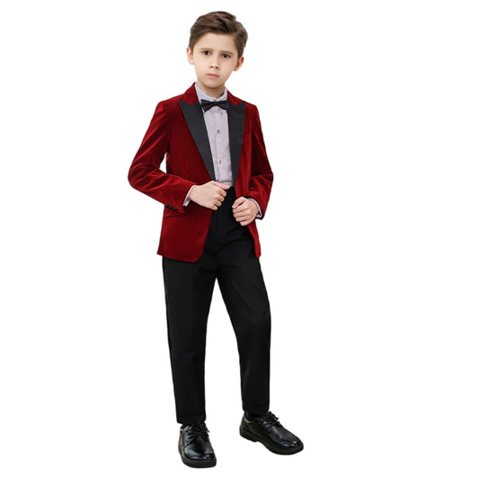 Autumn Boys Red Velvet Suit Set Children Birthday Party Wedding Host Piano Performance Costume Kids Blazer Pants Bowtie Outfit