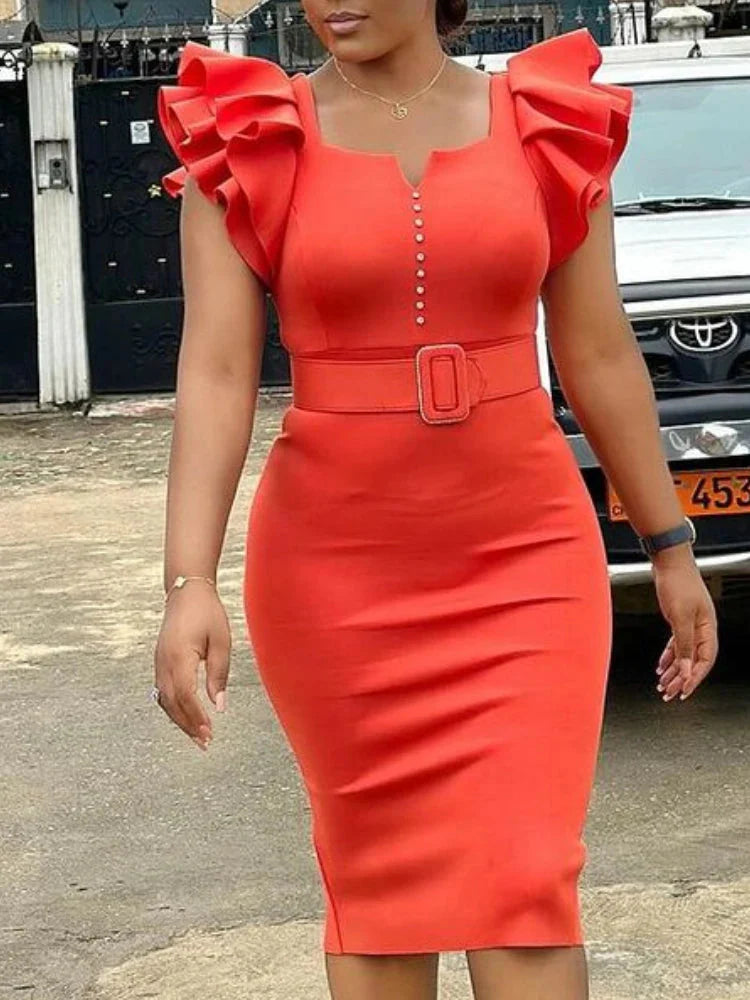 AOMEI women's V-neck ruffle sleeve party dress in elegant sheath midi style, featuring a flattering fit and stylish design.