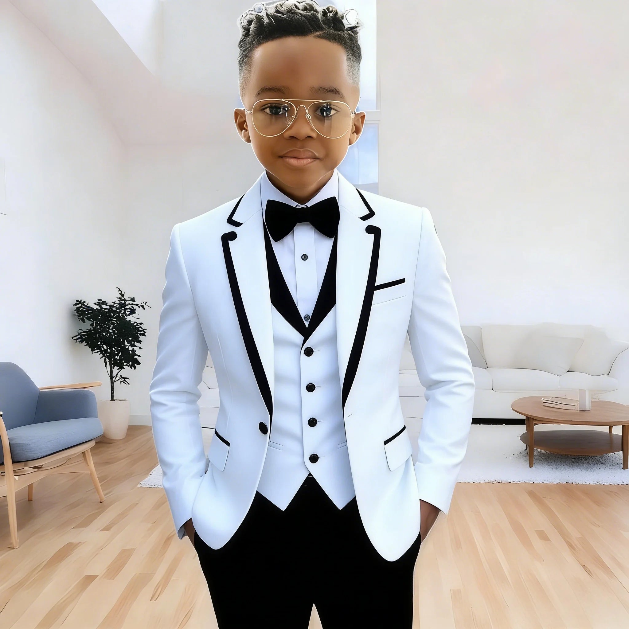 Showlu Smart General boys' formal suit with notched lapel jacket, matching pants and vest for wedding or party attire.
