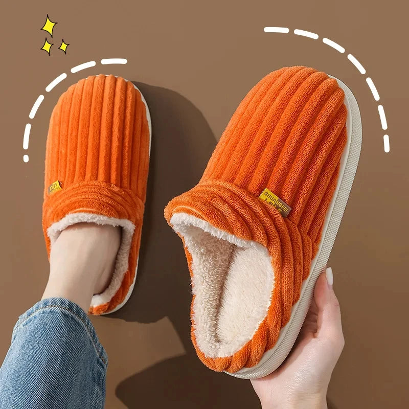 Showlu Winter men's plush cotton slippers with short fur, indoor fuzzy house shoes, casual soft furry footwear for men