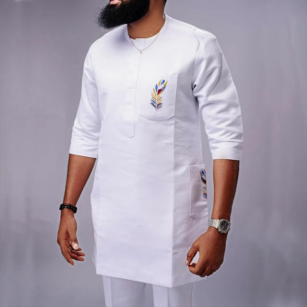 New In African Summer Business Men's Short Sleeve Suit Embroidery Dashiki Shirt Pants Sets 2 Pieces Outfits Wedding Party 2025