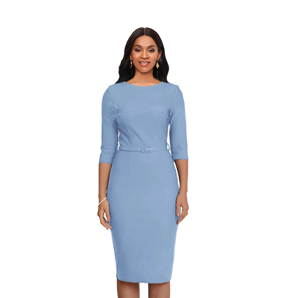 Showlu Women's knitted slim fit bodycon dress with mid-length design and O-neck, featuring a stylish, close-fitting silhouette.