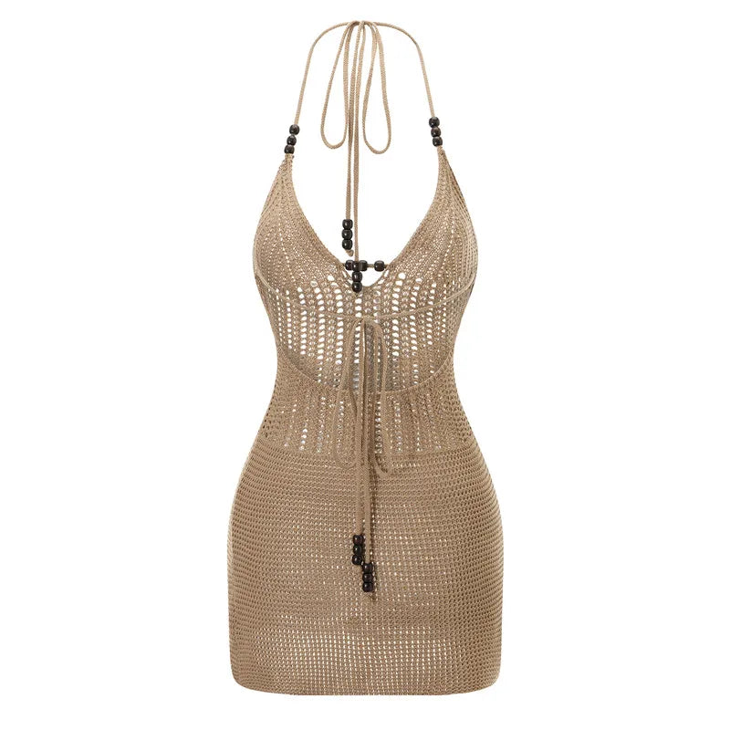 Showlu Fashion backless halter mini dress for women, casual summer knit crochet bodycon dress with cutouts, perfect for beach and streetwear.