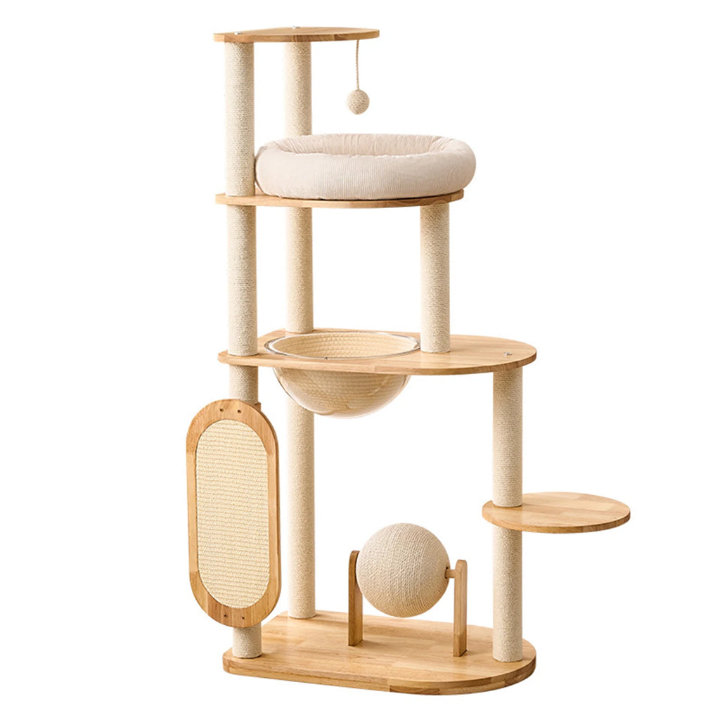 Showlu Solid Wood Cat Climbing Frame with four tiers, scratching posts, and cozy perches for cats to climb and scratch.