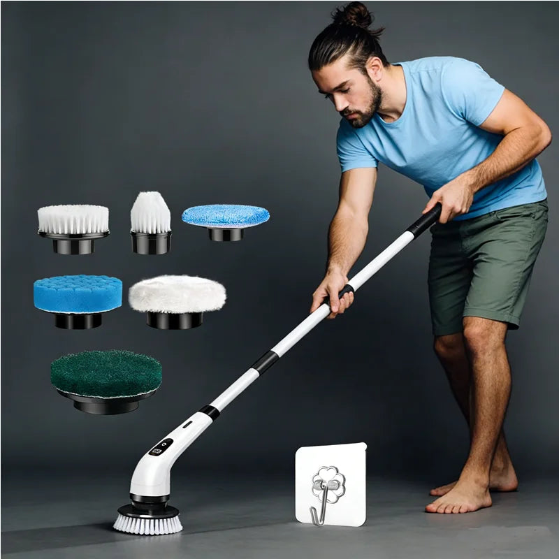 Showlu Smart 7-in-1 cordless electric spin scrubber with multiple brush heads for deep cleaning of surfaces and hard-to-reach areas.