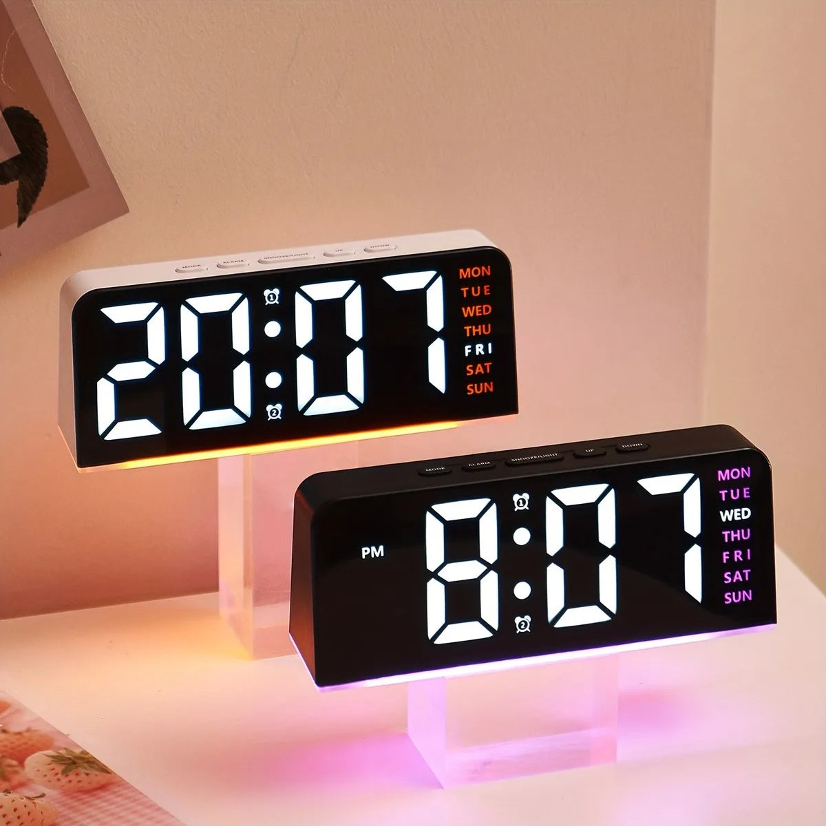 Showlu Smart LED digital alarm clock with mood light and USB display showing time and ambient lighting.