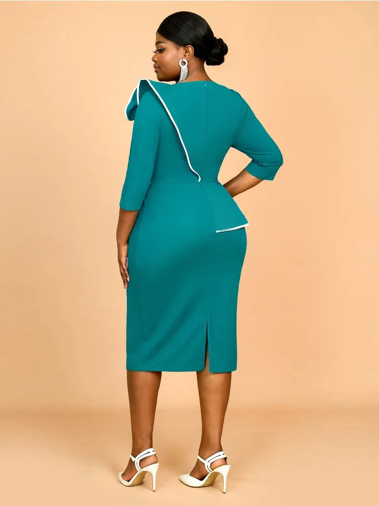 Elegant women's long sleeve fitted dress by Showlu Fashion with 3D floral color block design and pencil skirt style for office wear
