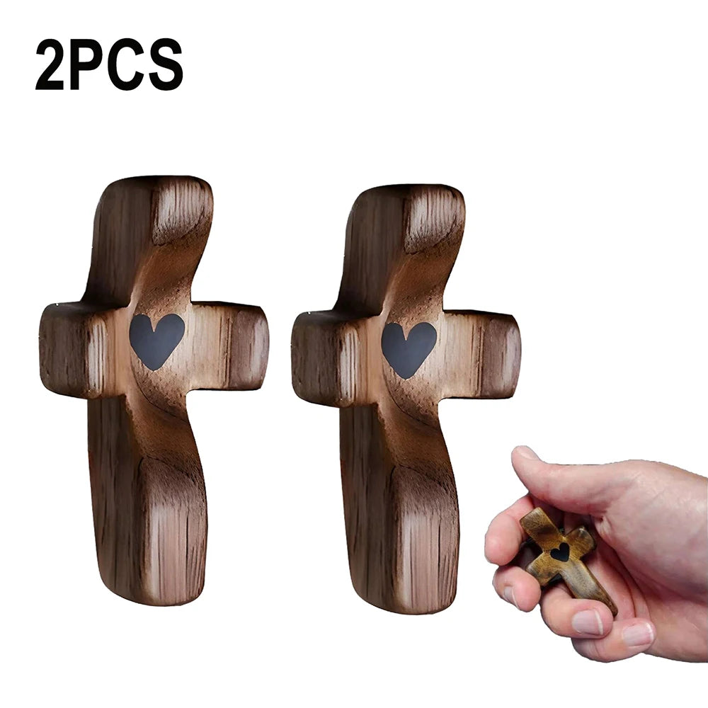Showlu Wooden Pocket Cross with heart design, fingertip stress relief heart gift, compact wooden religious accessory