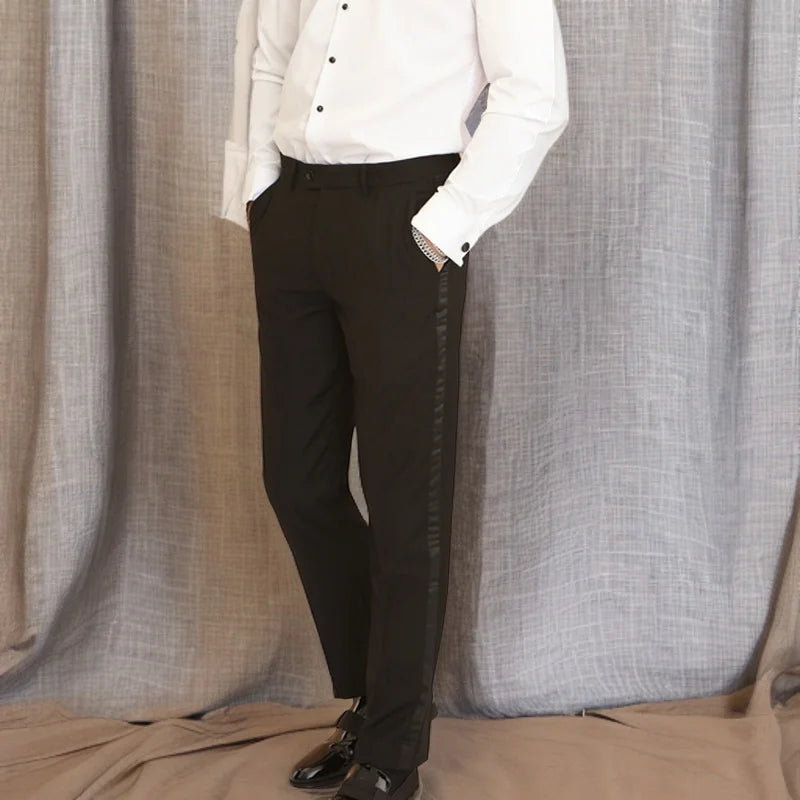 Black men's slim fit formal trousers with side satin stripe, tailored for a sleek, professional look.