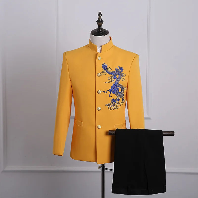 Men's slim fit suit by Showlu Fashion with embroidery blazer and straight pants, tailored for a modern, sharp look.
