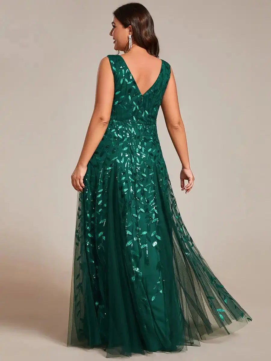 Dark green plus size sequin evening dress with V-neck and A-line silhouette by SHOWLU FASHION STORE