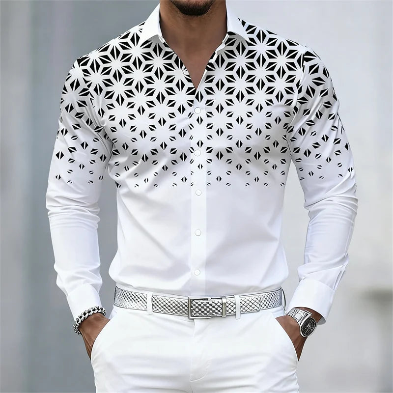 Men's long sleeve geometric print shirt in 17 colors, trendy slim fit casual shirt with stylish lapel from Showlu Fashion Store