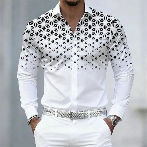 Men's long sleeve geometric print shirt in 17 colors, trendy slim fit casual shirt with stylish lapel from Showlu Fashion Store