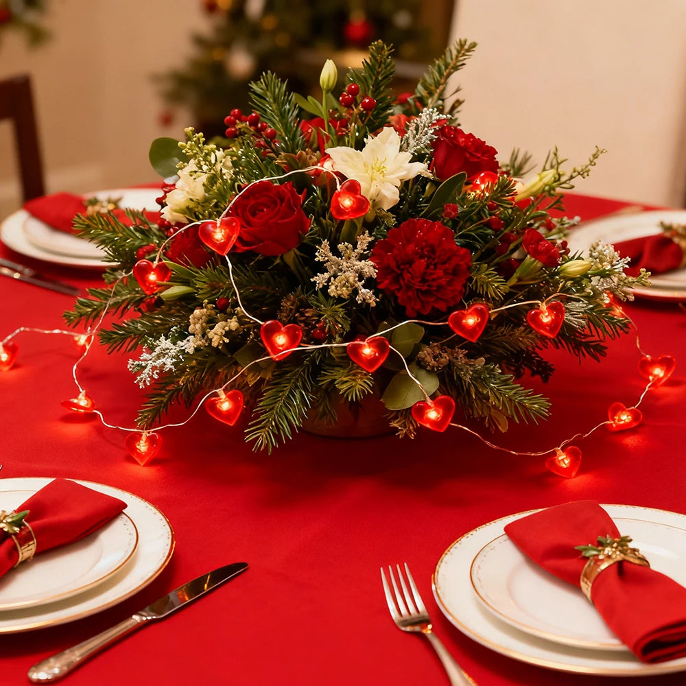 Red heart-shaped string lights with 20/30 LED bulbs, ideal for romantic Valentine's Day, Christmas, or Mother's Day decor.