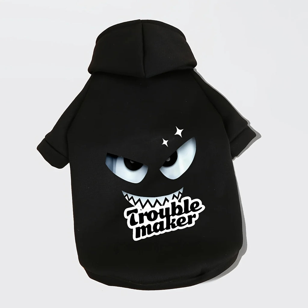 Showlu Fashion black hooded winter sweater for dogs and cats, featuring a trouble maker design and cozy fabric.