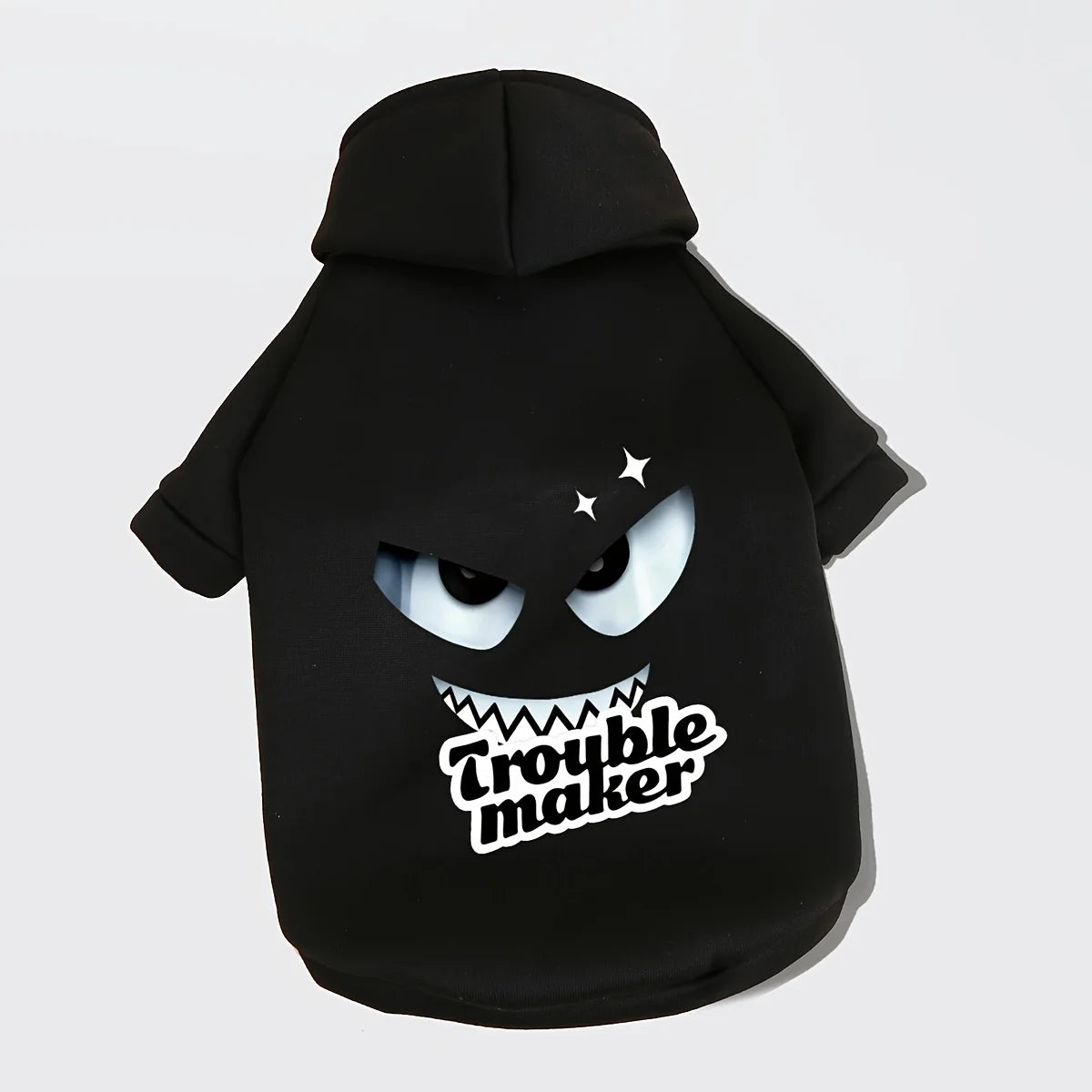 Showlu Fashion black hooded winter sweater for dogs and cats, featuring a trouble maker design and cozy fabric.
