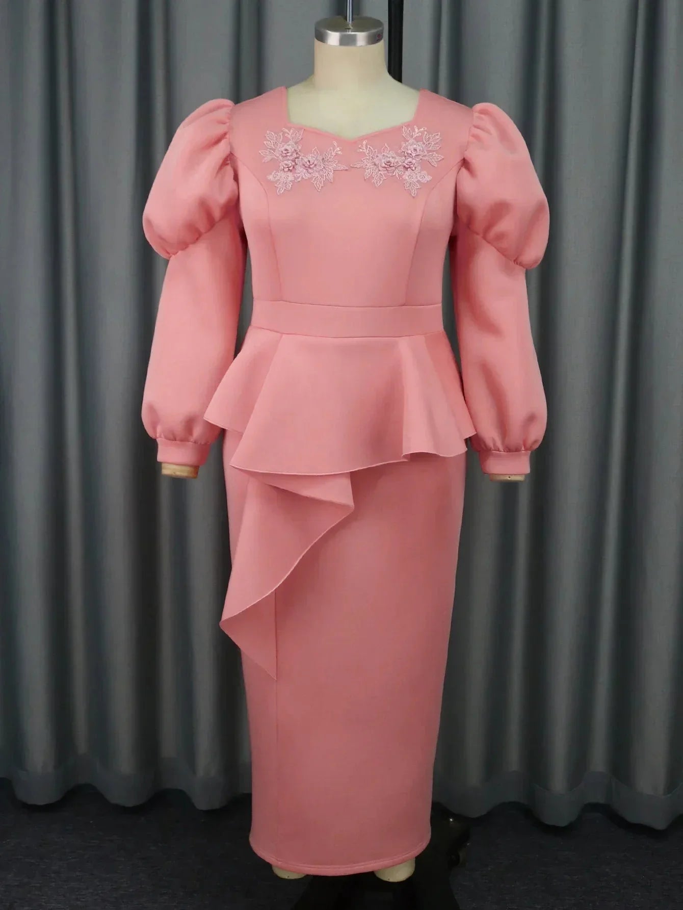 Pink AOMEI peplum long dress with high waist, ruffle V-neck, perfect for parties, from SHOWLU FASHION STORE.