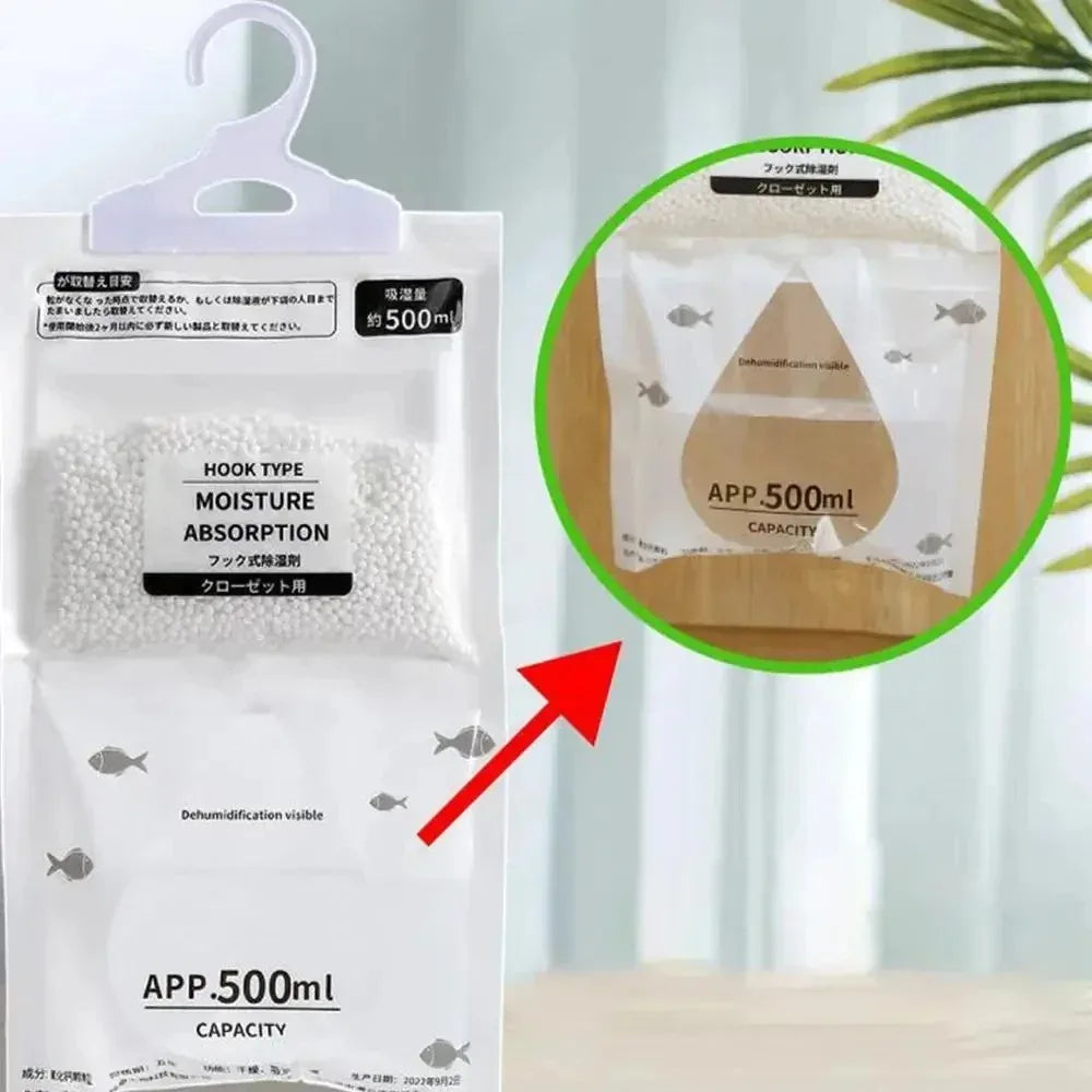 Showlu Smart General closet dehumidifier hanging bags shown hanging inside a closet to reduce moisture and prevent mold.