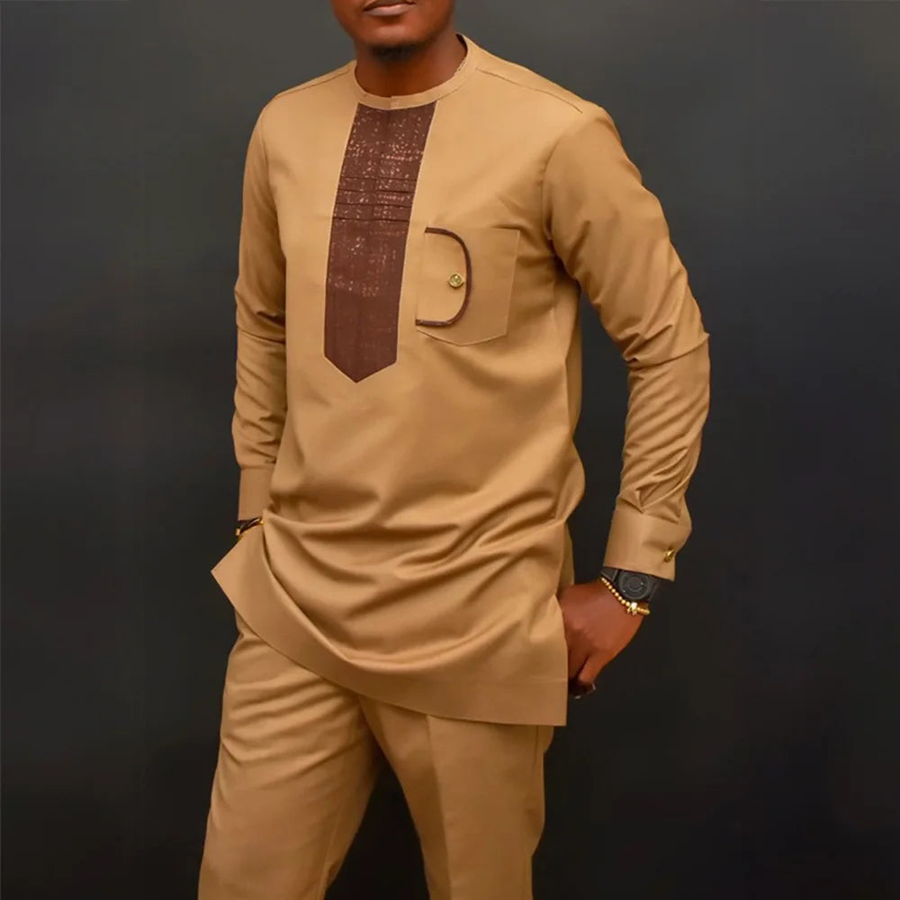 New In African Summer Business Men's Short Sleeve Suit Embroidery Dashiki Shirt Pants Sets 2 Pieces Outfits Wedding Party 2025