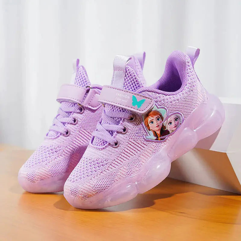 Pink Disney Frozen Elsa girls' mesh running shoes with breathable design and Frozen-themed details, perfect for active girls.