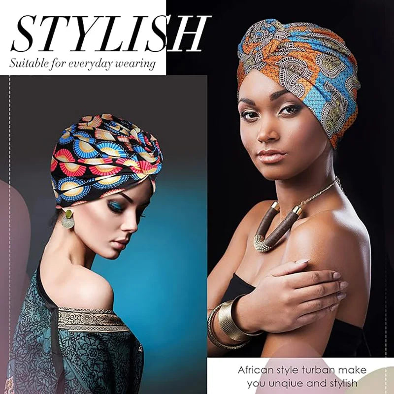 African print pleated turban with floral design, pre-tied head wrap, elastic band, and front knot for women’s stylish headwear.