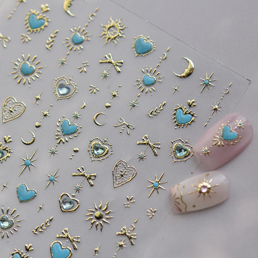 Elegant gold scepter 5D nail art stickers with gemstone patterns, self-adhesive manicure decals for luxury courtly nail designs