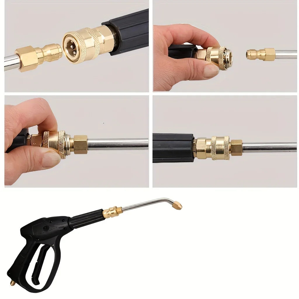 Showlu Smart General 90 Degree Pressure Washer Nozzle attached to a garden hose, showcasing its durable design for high-pressure cleaning.